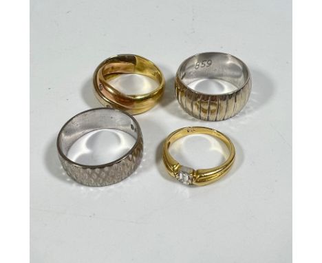 Two 18ct white gold band rings size L and M,&nbsp; a small 18ct diamond ring, size E. Total approximately 14.8 grams and a tw