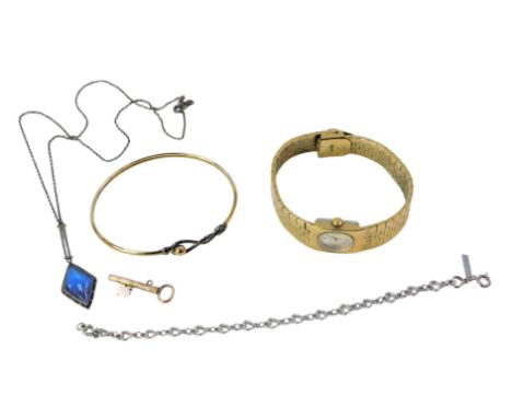 Costume jewellery, to include butterfly pendant and chain, Montine lady's wristwatch, and a silver gilt bangle.