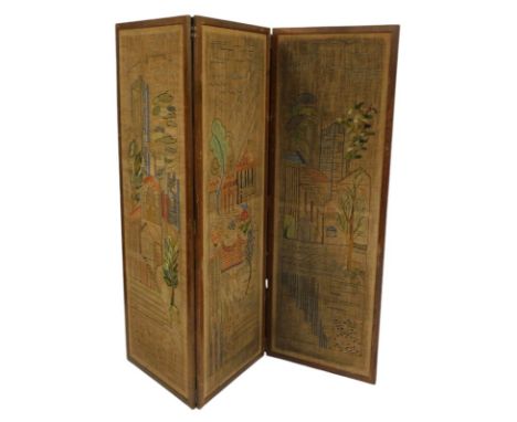 A mid century oak framed three fold screen, each tapestry panel depicting buildings and figures, bearing sign for A Harrison 