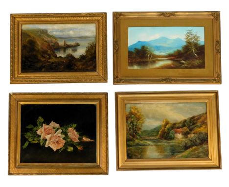 A group of pictures, comprising R Dunn, a river scene with bridge and cottage to background, oil on canvas, signed, 33cm x 40