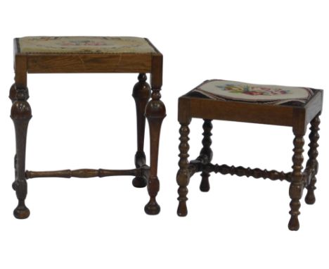 An early 20thC oak stool, with floral tapestry top, on turned legs supports with a turned H stretcher, 52cm high, and another
