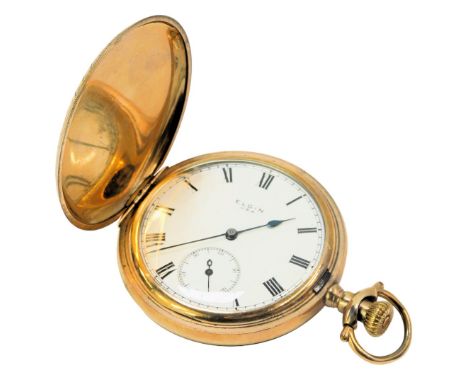 A Elgin gold plated hunter pocket watch, the outer case with engraved floral and hatch design, on white enamel Roman numeric 