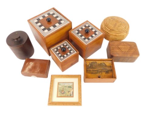 A group of trinket boxes, to include a Mauchline ware box for Pavilion and Winter Gardens Southport, 12cm wide, two wooden bo