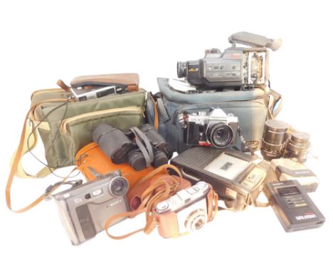 Cameras and equipment, to include Praktica LTL3 camera in case, a Kodak Retinette camera, Ajax 10x50 cased binoculars, variou