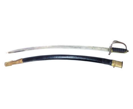 A 20thC sword, with black leather wire bound grip and a curved blade, in a leather scabbard, with a patterned blade, 95cm lon