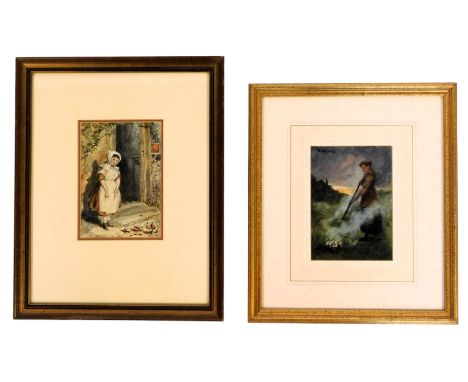 W H Jones. Study of a woman holding a stick beside the fire in a rural setting, watercolour, signed, 16.5cm x 11cm, together 