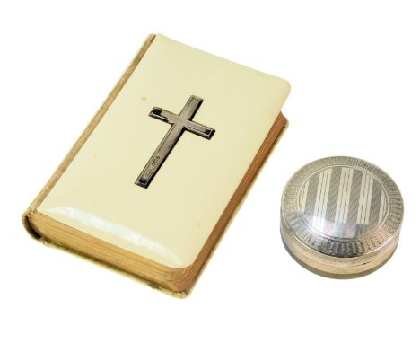 A George V silver pill box, of circular form with engine-turned decoration, Chester 1920, and an ivorine and silver mounted c