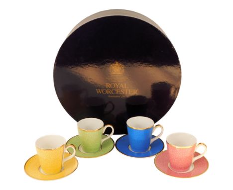 A Royal Worcester four piece porcelain coffee service, in Celebration of HRH 80th Birthday, in blue, yellow, pink and green, 