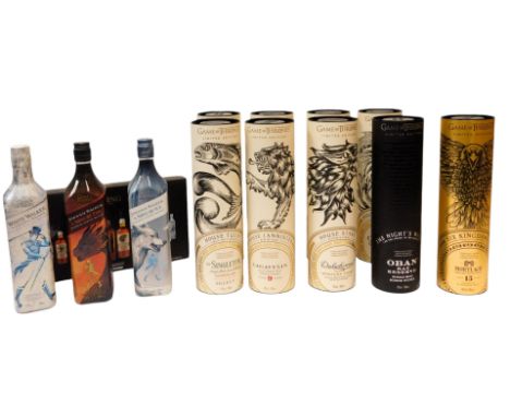 A Game of Thrones whisky collection, comprising nine bottles of Single Malt Whisky, Clynelish 51.2% vol, Oban Bay Reserve, 43