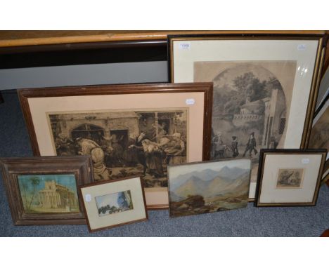 Three black and white engravings, late 19th century oil on panel, two framed watercolour landscape and a unframed oil on canv