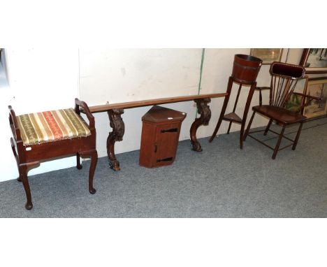 A pair of 19th century carved oak brackets with a later shelf, together with a corner chair a plant stand, a small corner cup