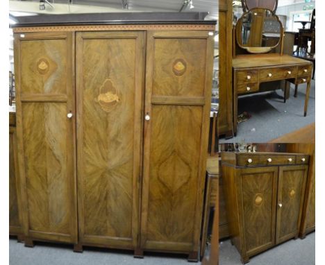 A Chas. Walker &amp; Sons Ltd, Harrogate 1930's satinwood and mother of pearl inlaid walnut three piece bedroom suite with tu