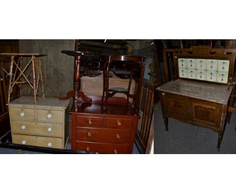 An Edwardian marble top tile back washstand, together with an Aesthetic movement bamboo occasional table, a Georgian oak trip