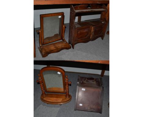 Two Victorian mahogany toilet mirrors, a coal scuttle and a hanging book shelf with cupboards (4)