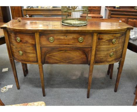 A George III crossbanded and inlaid bow fronted sideboard, 152cm by 56cm by 95cm high