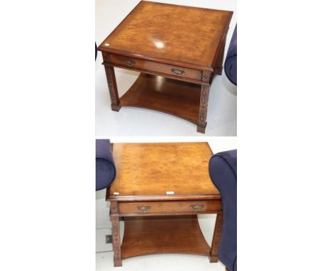 A pair of reproduction crossbanded burr walnut low tables, each decorated with blind fretwork, fitted with a drawer over a sh