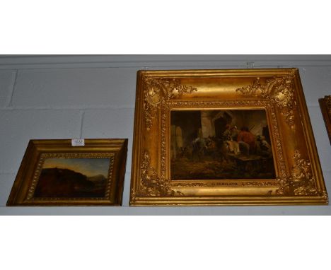 After George Morland (1763-1804), Travellers in repose at a doorway, bears signature, oil on canvas, together with a further 