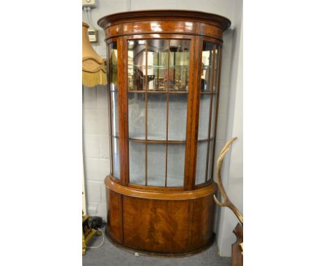 An Edwardian checkered string and marquetry inlaid mahogany bow fronted mirrored and glazed display cabinet 103cm by 42cm by 