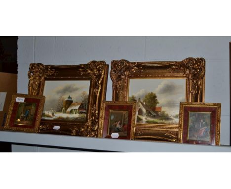 A pair of 20th century Dutch school oil on board winter scenes, each signed J. Korsten, 19cm by 24cm together with three mini