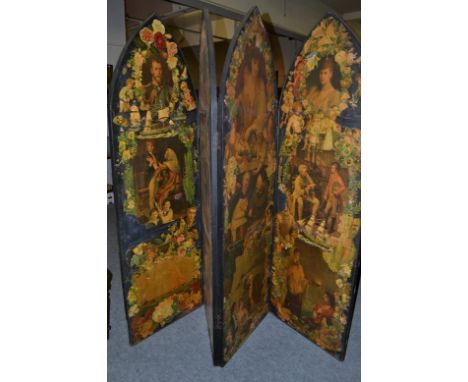 A Victorian four-fold scrap work modesty screen, each panel 187cm by 60cm 