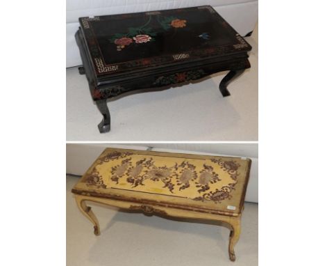 ~ A painted chinoiserie coffee table 100cm by 48cm by 44cm high, together with another chinoiserie and mother of pearl inlaid