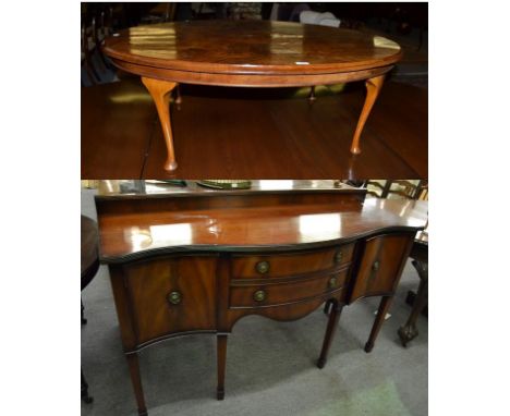 A reproduction oval inlaid quarter veneered walnut coffee table, 122cm by 86cm by 43cm, together with a reproduction mahogany