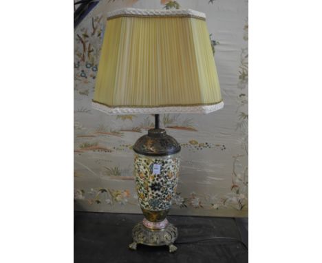 A pair of large Continental pottery and ormolu table lamps, possibly Zsolnay Pecs.