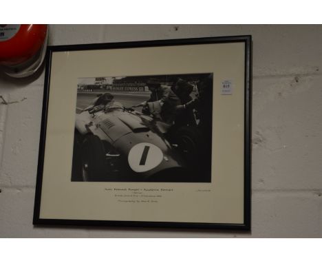 Allen R Smith, black and white photograph of Guan Manuel Fangio in the Scuderia Ferrari, framed and glazed.