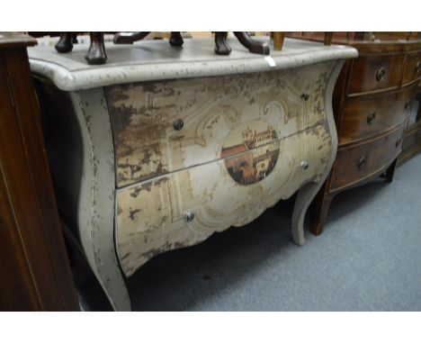 A decoratively painted French Bombe two drawer commode.
