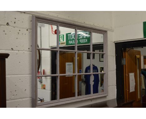 An Oka sash window style mirror in distressed grey finish.