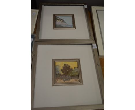 A pair of small oil paintings depicting a seascape and a landscape.