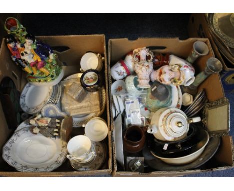 Two boxes of assorted mixed china to include: Staffordshire type flat back figure 'Murder of Thomas Smith'; Whetley china par