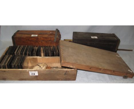 Collection of assorted magic lantern slides in two fitted boxes, mixed, topographical, figural etc., together with an empty w