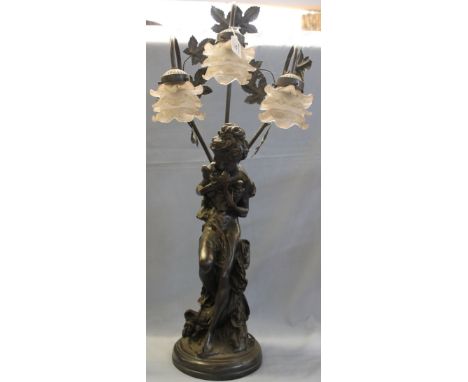 Reproduction Art Nouveau style bronzed figural three branched table lamp.(B.P. 24% incl. VAT)