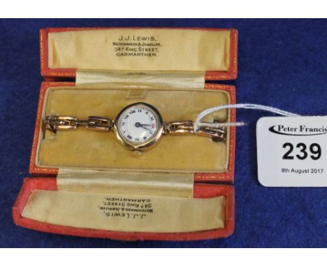 9ct gold ladies wristwatch in box marked 'J.J Lewis watchmaker and jeweller, 54a King St, Carmarthen'.(B.P. 24% incl. VAT)   
