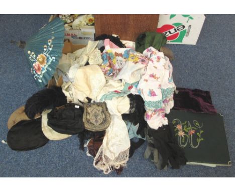 Box of vintage accessories, undergarments, fabric and tableware. Includes a book of lace, crochet and dolls clothing samples 