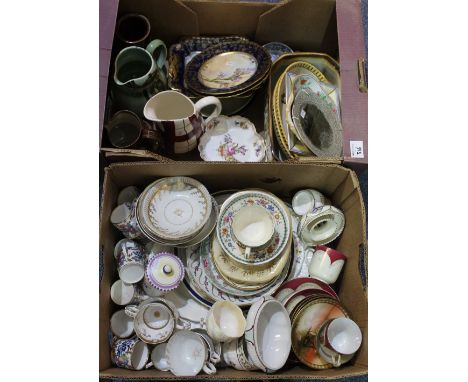 Two boxes of assorted mixed china to include: Czechoslovakian figural design part teaware; Honiton, Devon posy vase; various 