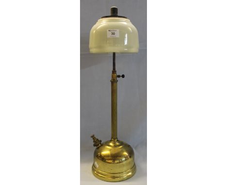 Brass Tilley type pressure lamp with glass shade.(B.P. 24% incl. VAT)   CONDITION REPORT:  Shade is cracked. 