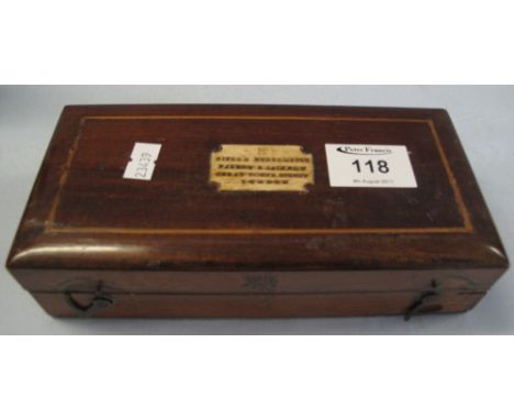 Mahogany cased Sikes's hydrometer, appearing complete with weights and thermometer, the case with Farrow and Jackson inset bo