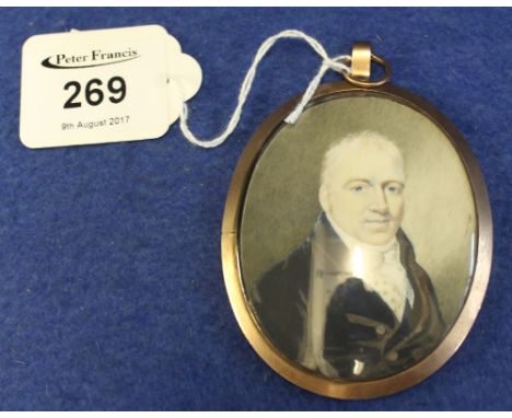 19th Century British school portrait miniature of a gentleman on ivory in gilt metal oval frame.(B.P. 24% incl. VAT)