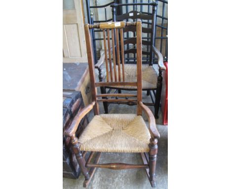 19th Century fruit wood ball and rail backed rocking armchair with rush seat, together with a 19th Century stained ash ladder