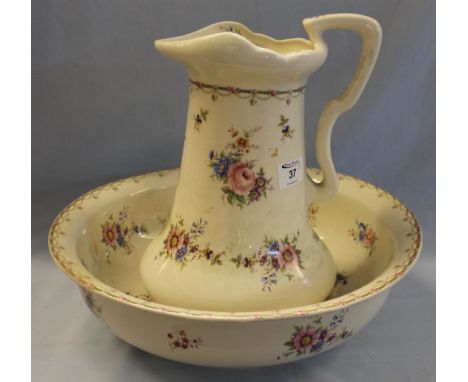 Staffordshire Pottery transfer printed, florally decorated jug and basin. (2)(B.P. 24% incl. VAT)