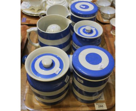 Tray of blue and white banded kitchenwares to include: T.G. Green and Co., barley, raisin, lentil jars; rolling pin; jugs etc