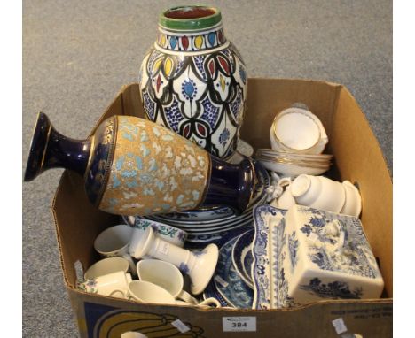 Box of assorted china to include: Royal Doulton Slater's Patent vase; Masons Ironstone blue and white cheese dish and cover; 