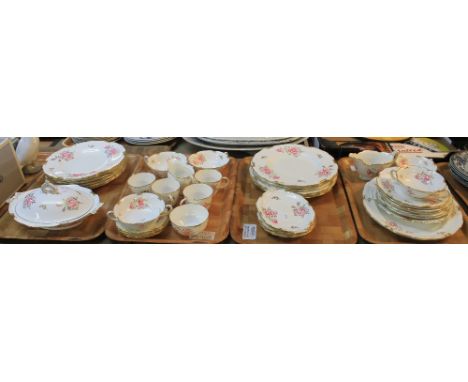 Four trays of Royal Crown Derby 'Pinxton Roses' pattern dinnerware to include: dinner plates; cups and saucers; lidded tureen