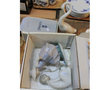 Tray of Lladro and Nao Spanish porcelain items to include: figurines of children and swan. (some in boxes) (4)(B.P. 24% incl.