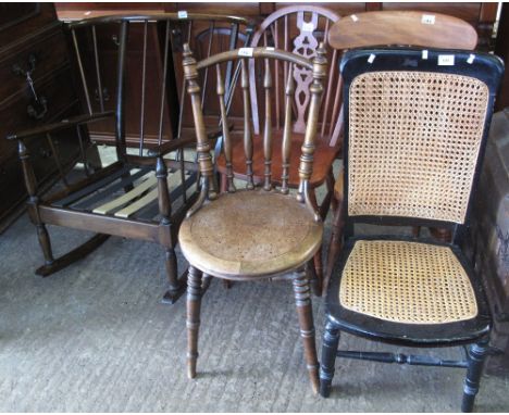 Group of five assorted chairs to include: caned nursing chair; stick backed kitchen chair with circular seat; another stick b