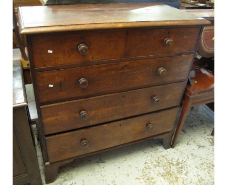 Early Victorian mahogany straight fronted chest of two short and three long graduated drawers with turned knobs on bracket fe