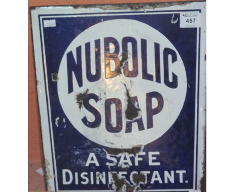 An original double sided metal enamel sign: 'Nubolic Soap' to one side and 'Watson's Washless Cleanser' to the other. 36 x 31