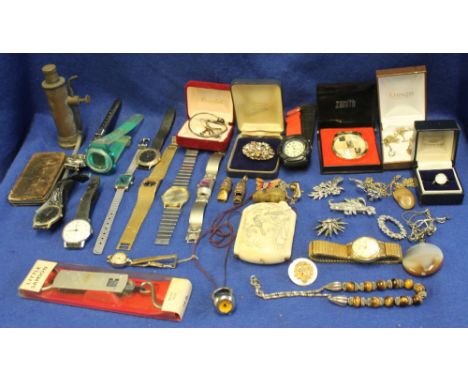 Box of assorted items to include Japanese erotic inro, various wristwatches, Zenith lighter, various bar brooches etc. (B.P. 